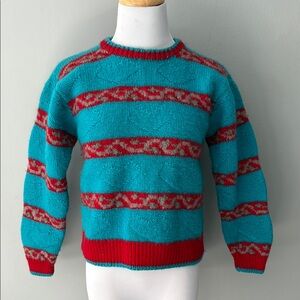 Adorable vintage Cozy Blue and Red Crew Neck Sweater with Striking Stripes- xs
